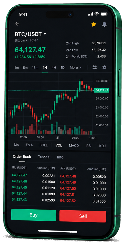 Immediate Neon mobilní obchodní platforma — živý graf BTC/USDT, kniha objednávek a rozhraní nákupu/prodeje